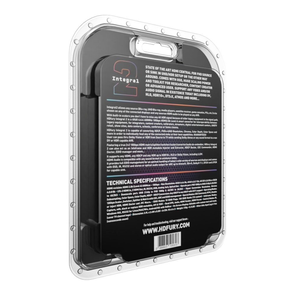 Back of the HDfury Integral 2 retail packaging with the printed technical specifications