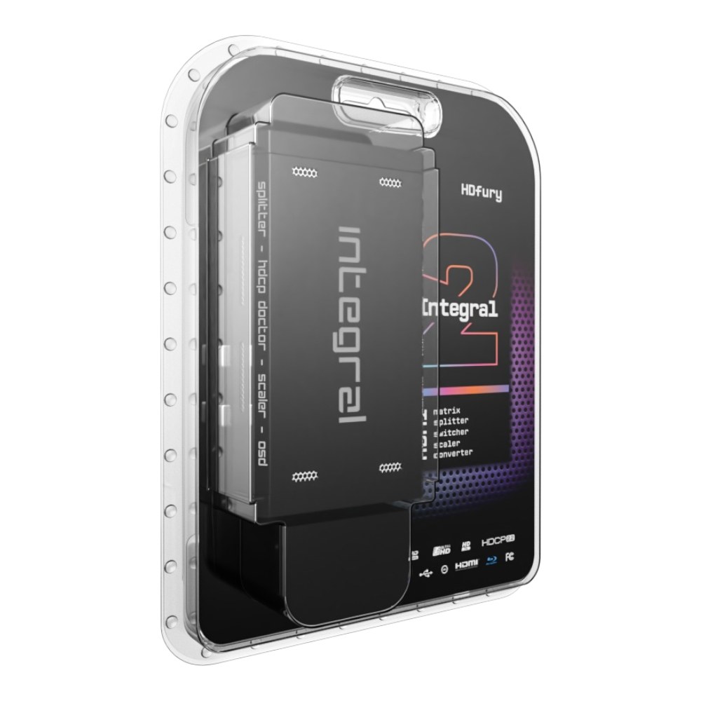 HDfury Integral 2 retail packaging showing the unit's input and output ports