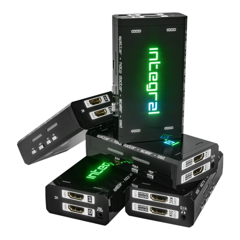 Stack of five HDfury Integral 2 units showing the HDMI inputs, outputs and audio jack