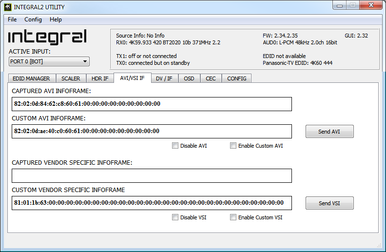 Zavihek AVI/VSI INFOFRAME v USB GUI Integrala 2