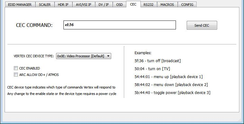Zavihek CEC COMMANDER v USB GUI Integrala 2 s primeri ukazov CEC