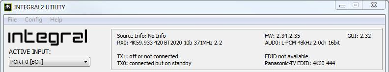 Zgornji razdelek USB GUI Integrala 2 z različicama FW/GUI in informacijami o signalu za vsaka vrata